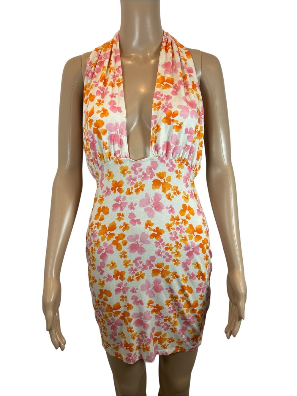ASOS DESIGN Floral Halter Mini Dress in Pink & Orange Size 6